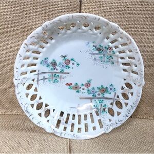 Vintage Open Lace Floral Porcelain Basket Trinket Candy Dish Cottage Granny Core